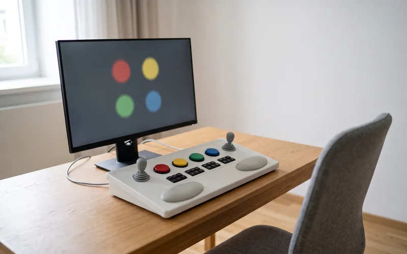 Ein VPU-Testplatz: Bildschirm mit vier farbigen Kreisen, davor ein weißes Bedienpult mit zwei Joysticks, roten, gelben, grünen und blauen Reaktionstasten, Zifferntasten und zwei Handablagen.